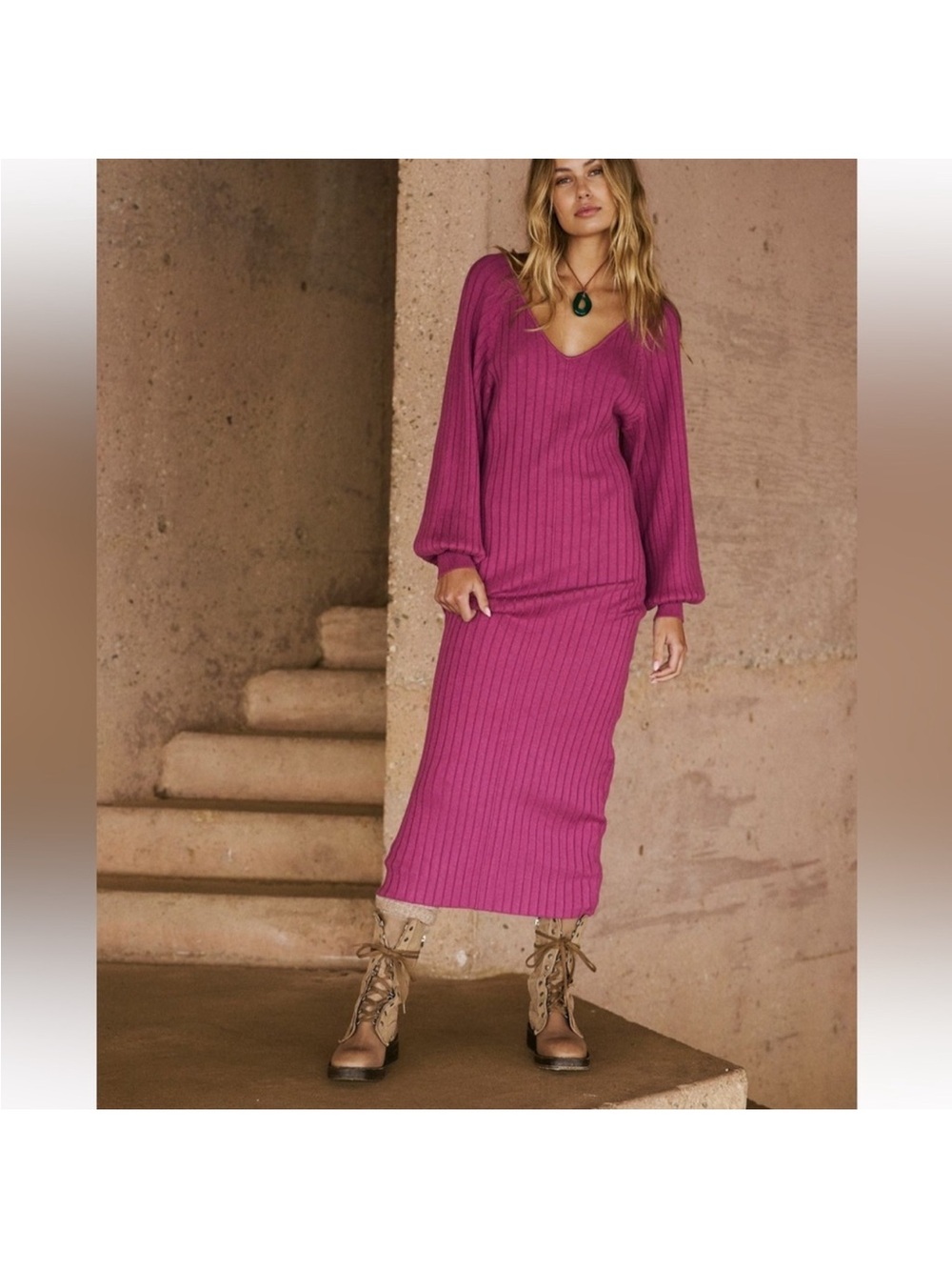 Free People Magenta Ribbed V-Neck Sweater Dress NWT - Picture 3 of 8